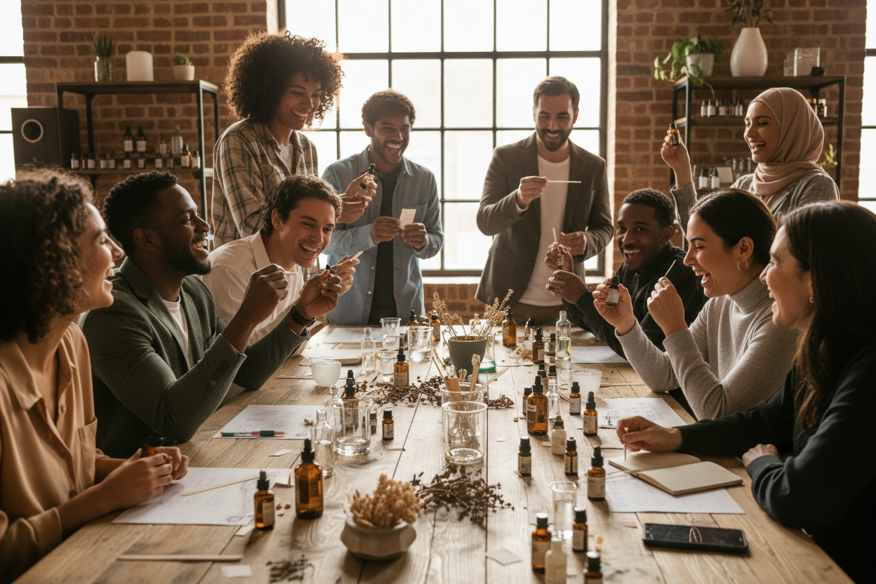 a party of people doing a perfume class having fun and laughing. include men and women and all ethnicities